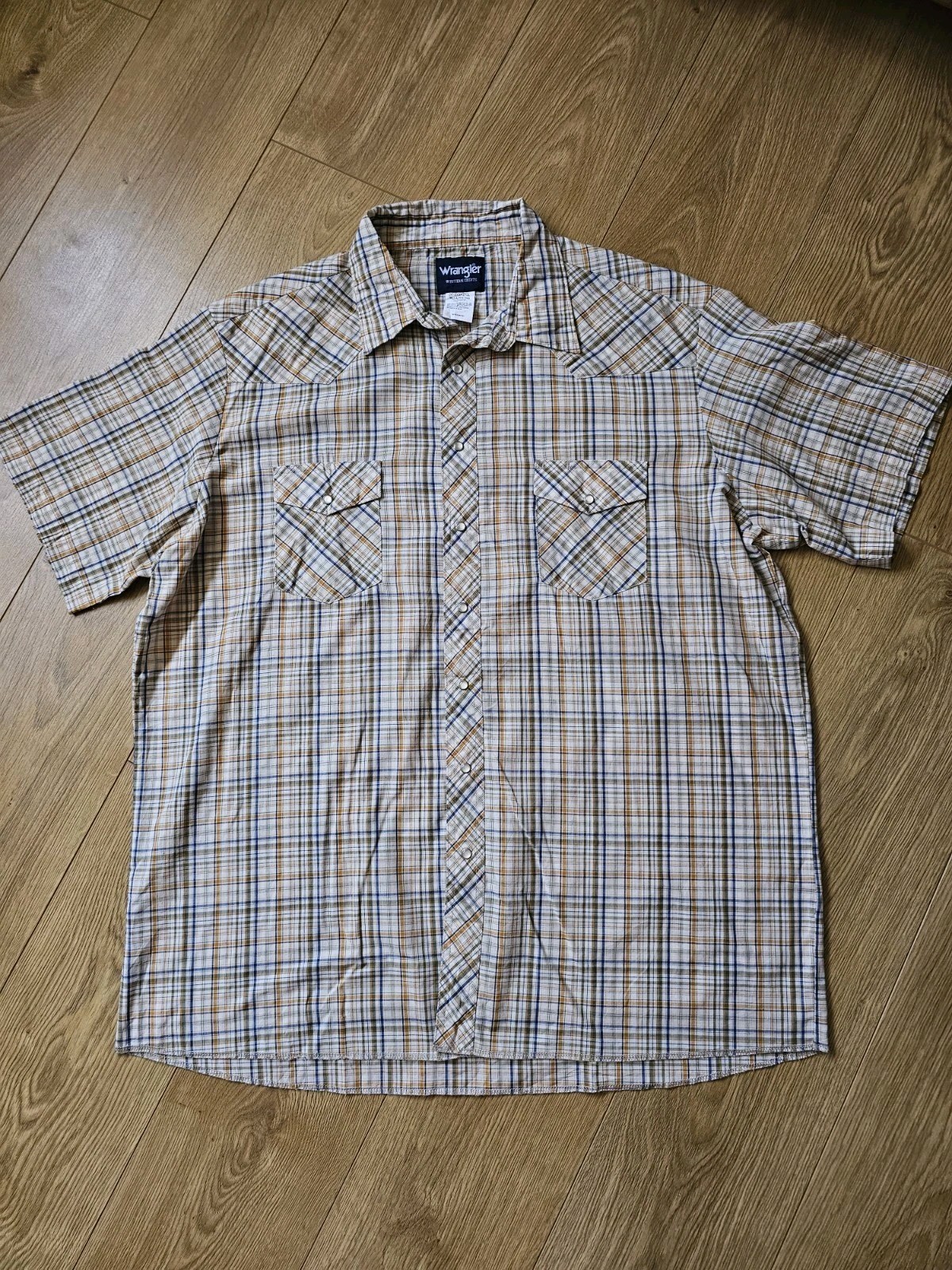 Wrangler 2XT Tall Short Sleeve Plaid Pearl Snap Mustard Blue 2XL Country Western