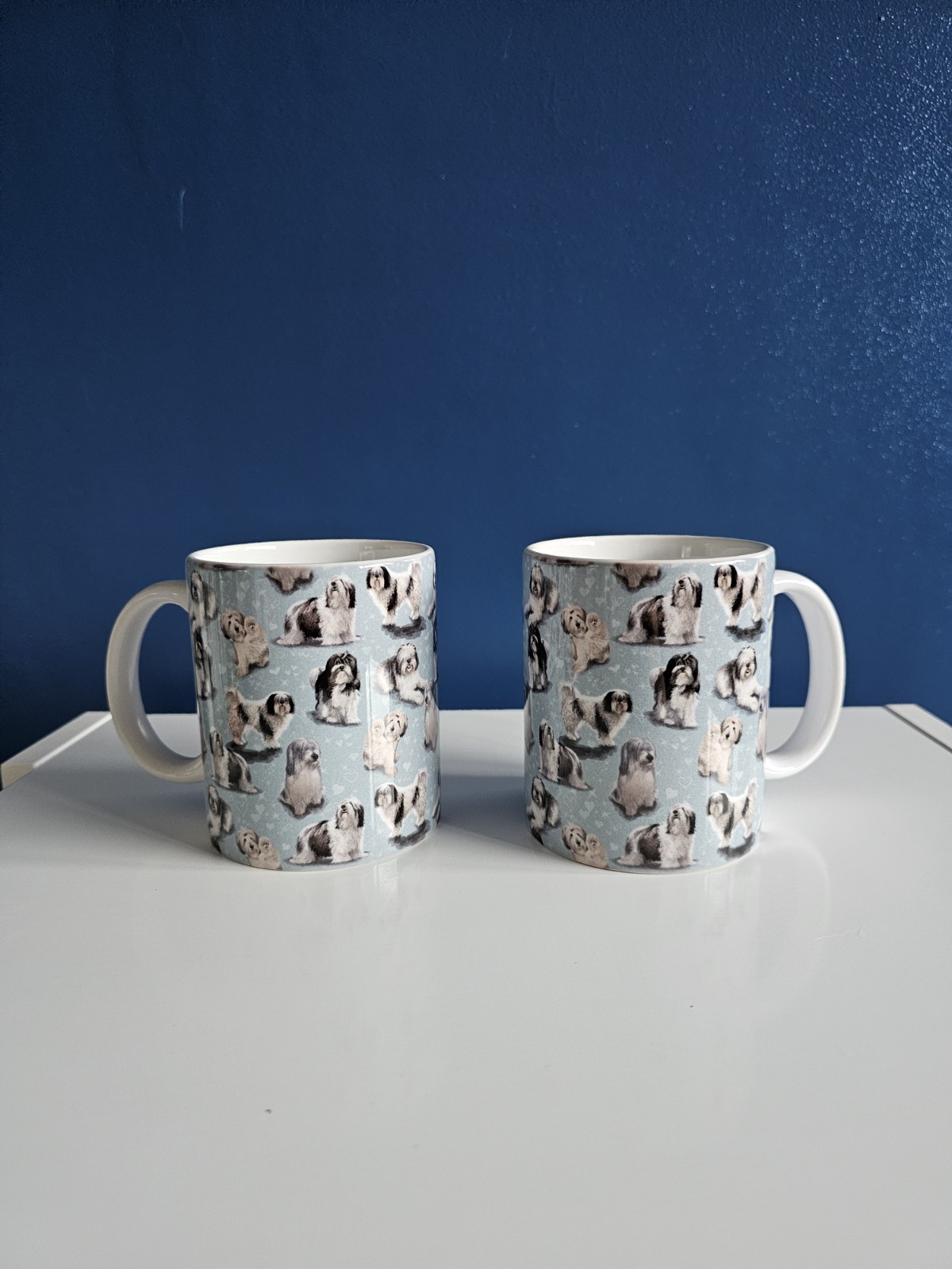 Shih Tzu Dog Mug Set Cute Ceramic Coffee Tea Cups Pair Blue