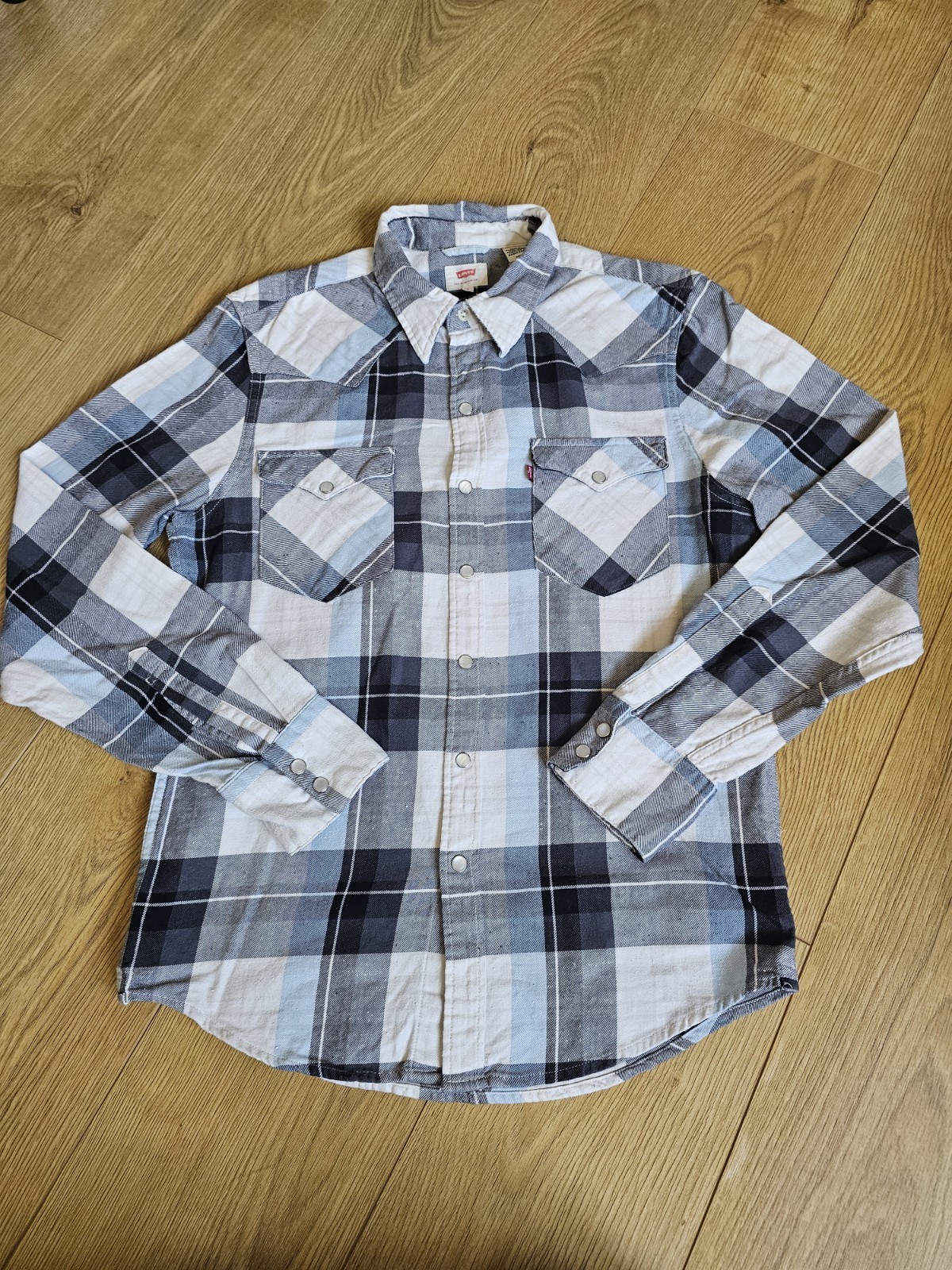 Levis Mens Shirt Small S Blue Black White Plaid Pearl Snap Western Long Sleeve