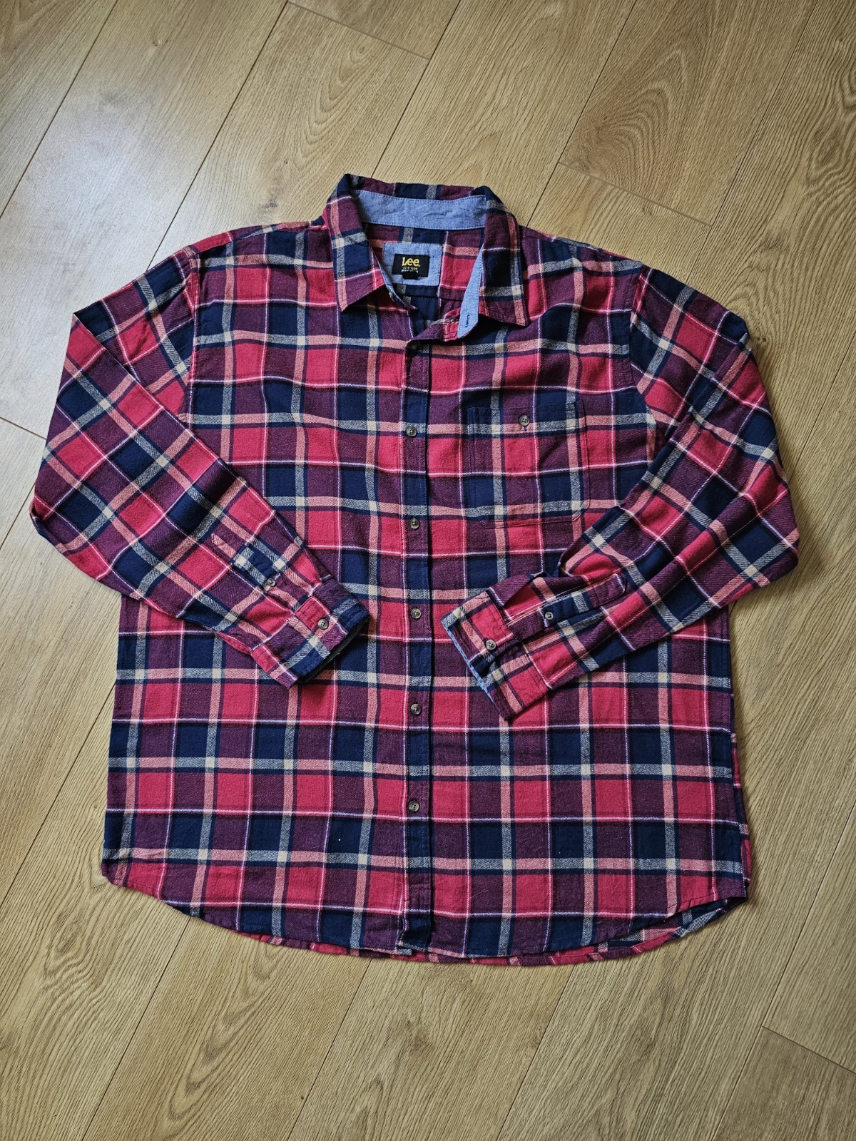 Lee Men’s Flannel Shirt XXL Regular Fit Red Blue Plaid Check Long Sleeve