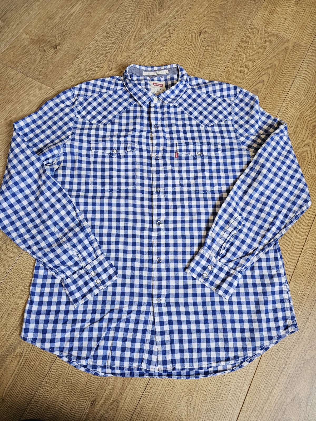 Levis Shirt Mens Extra Large XL Blue White Gingham Check Pearl Snap Western Slim