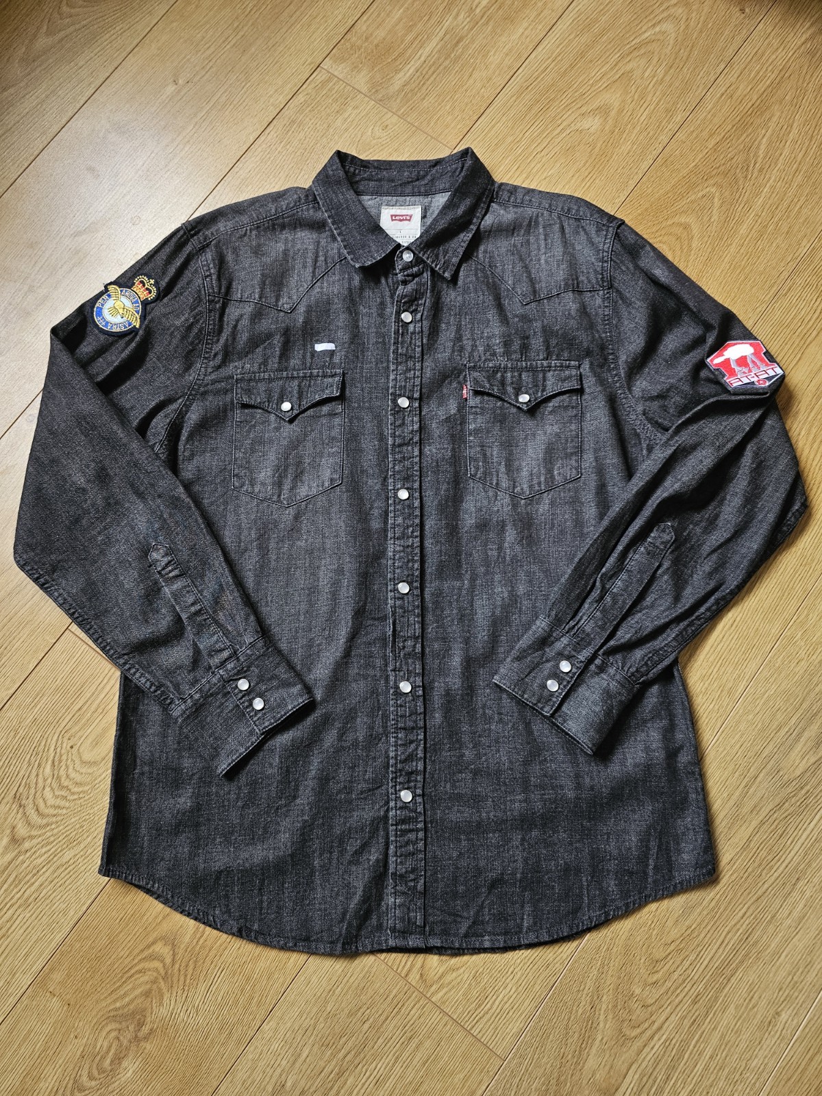 Levi's Black Denim Western Shirt Large Snap Button Star Wars RAF Patches