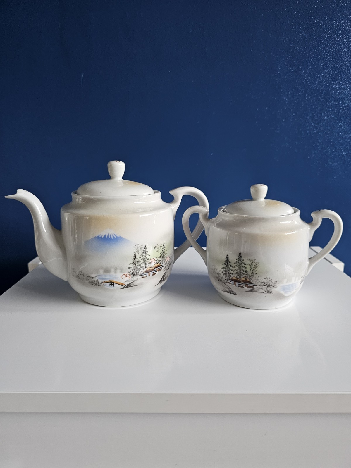 Vintage Japanese Tea Set Mount Fuji Ceramic Teapot Sugar Bowl Japan
