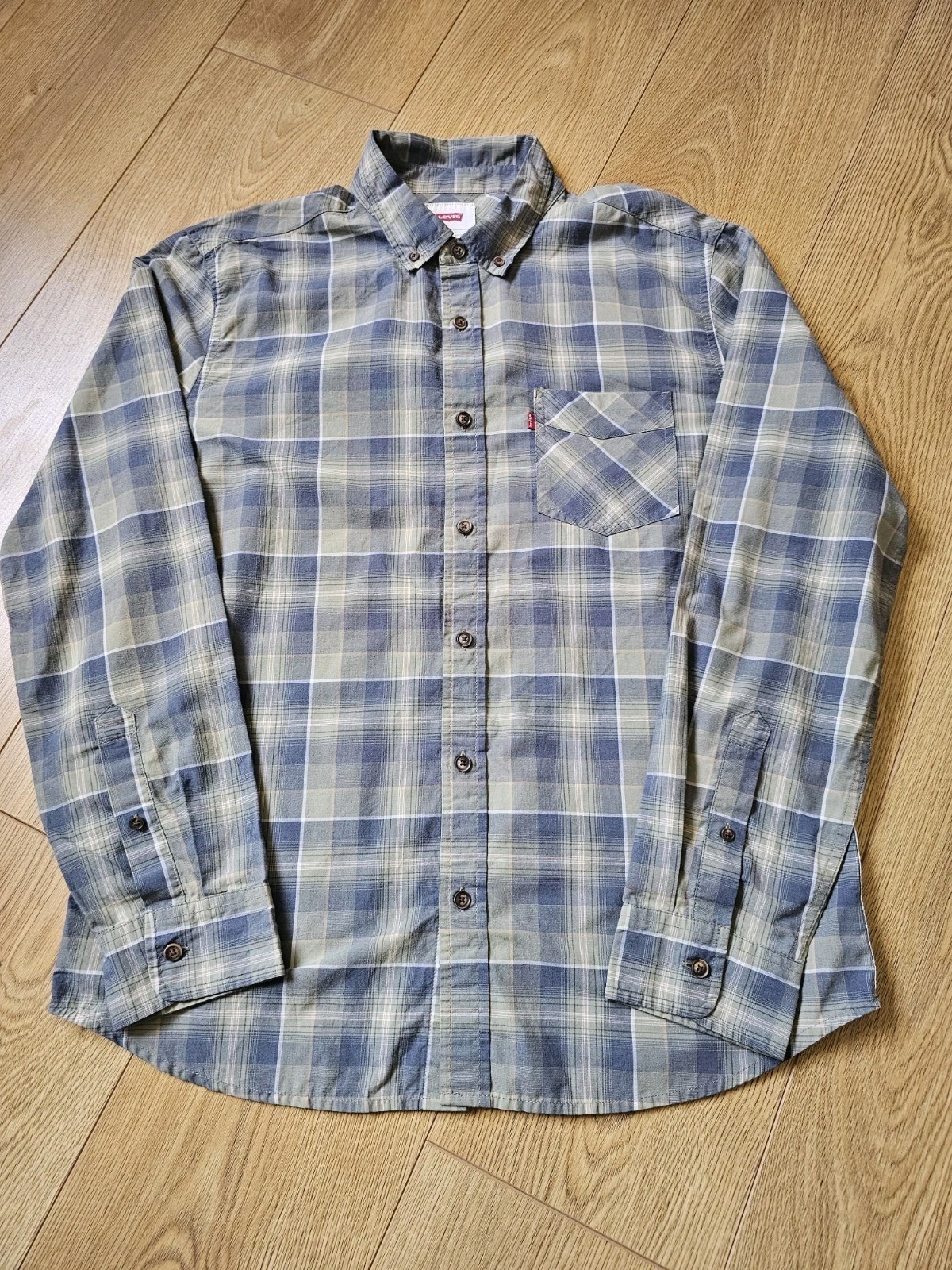 Levi's Men's Plaid Check Long Sleeve Shirt Size Medium Blue Khaki Cotton Blend