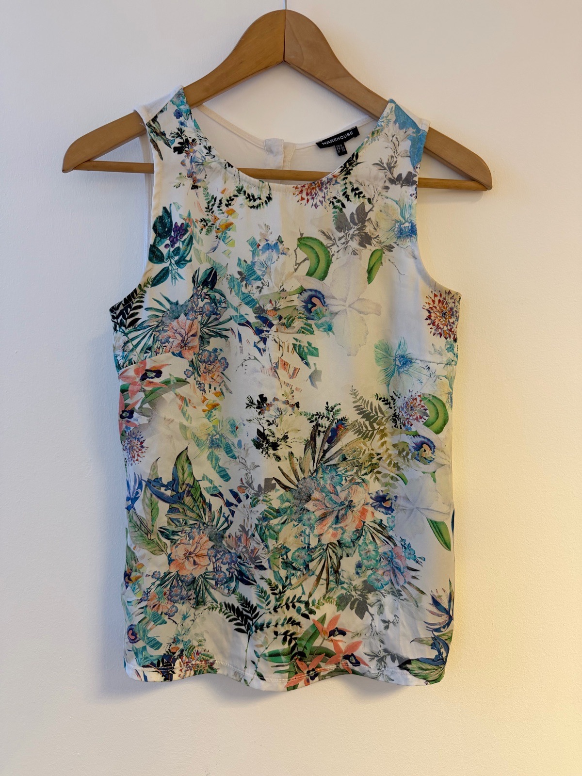 Warehouse Floral Sleeveless Botanical Summer Cream, Green & Orange Blouse Top UK 8