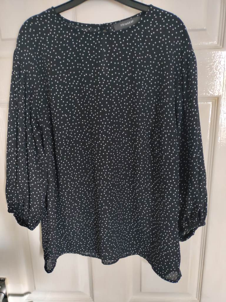 Ladies long sleeve lightweight polkadot top, black/white, size 10 from Primark