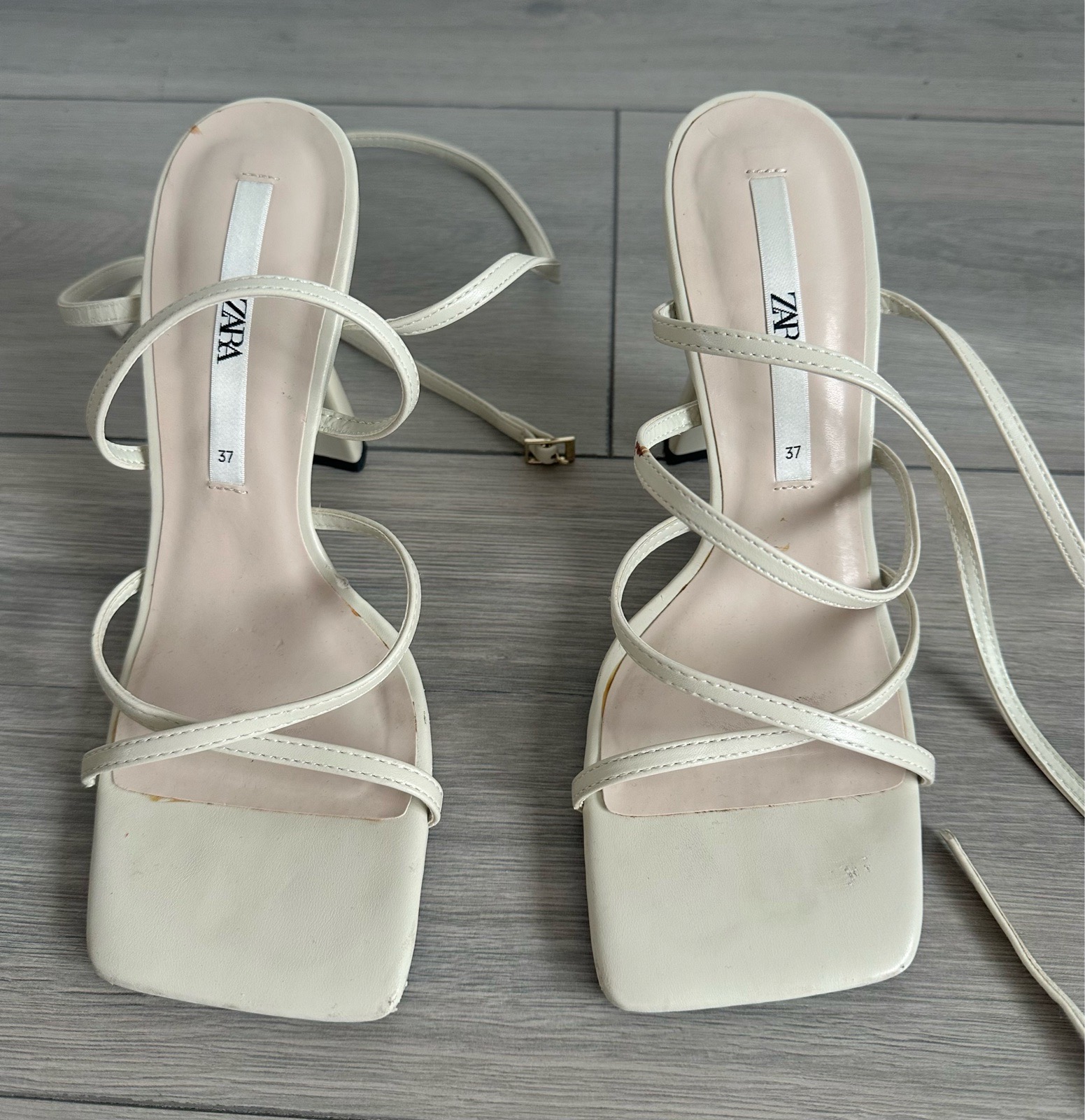 Gorgeous Zara Off-White Strappy Tie Up Square-Toe Block Heels – Size UK 4 / EU 37