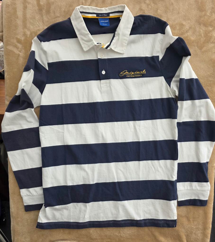 Jack & Jones Men's Long-Sleeve Rugby Shirt – Navy & White Stripe (Size Large)