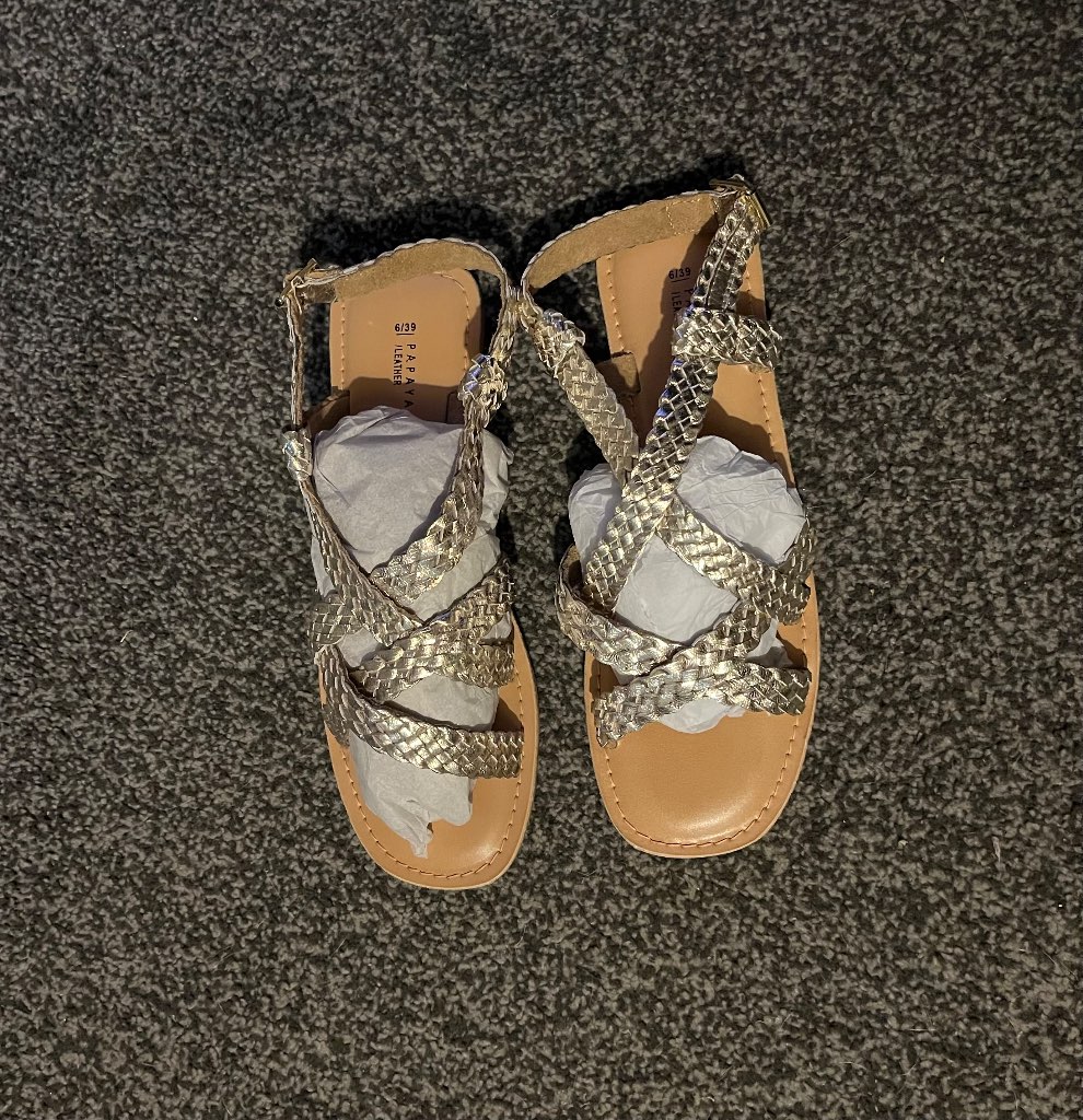New real leather gold strappy sandals. Size 6