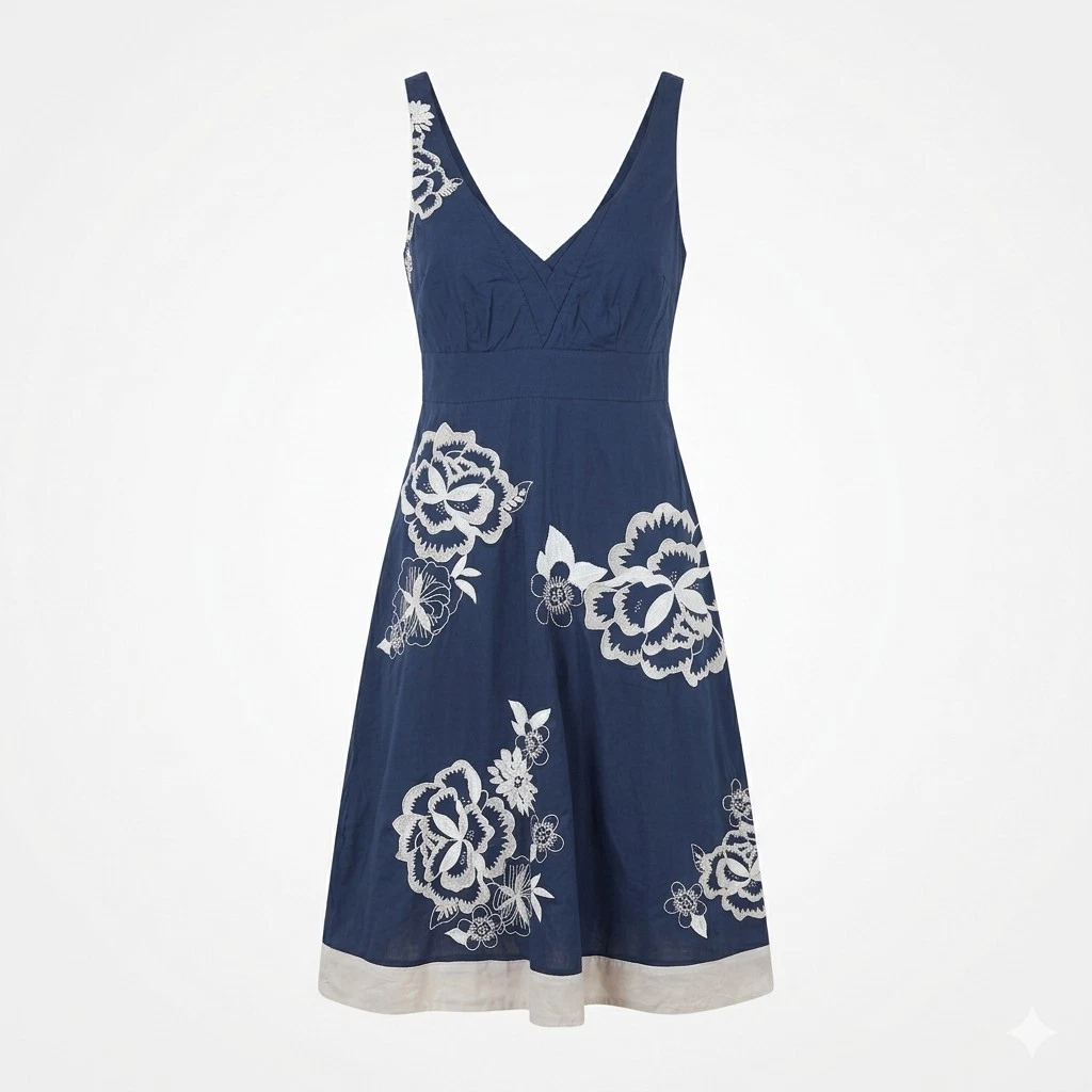 Monsoon Navy Blue White Floral A-Line Dress Cotton Summer Size 8 Holiday