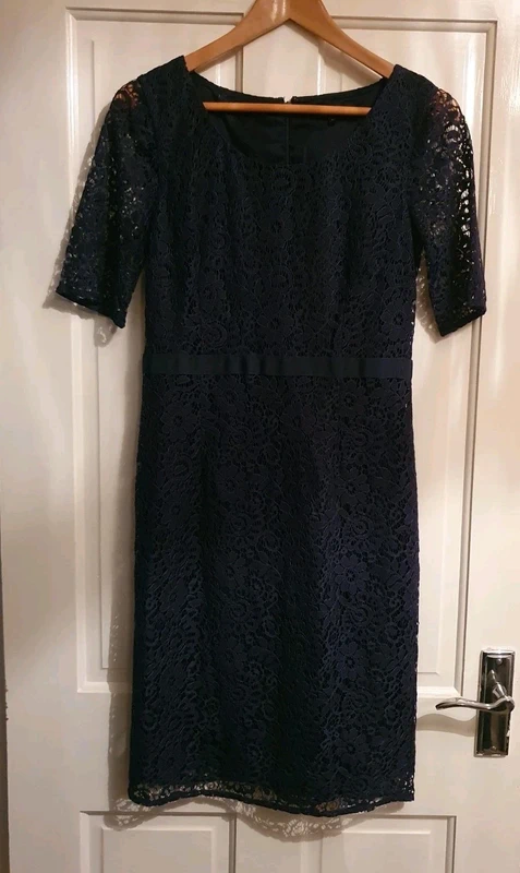 Jaeger Navy Blue Lace Short Sleeve Evening Spring Summer Wedding Dress Size 10