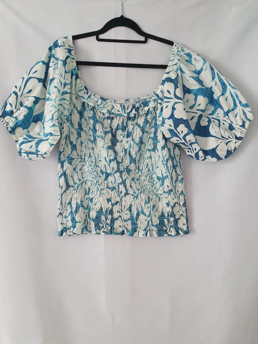 Next Cotton Blue and White Leaf Print Shirred Bardot Off Shoulder Top Size 20