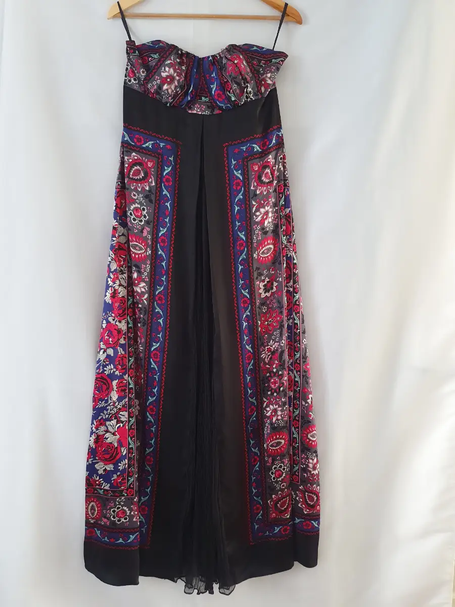 Share Monsoon 100% Silk Black Strapless Pink Floral Paisley Maxi Evening Dress Size 14