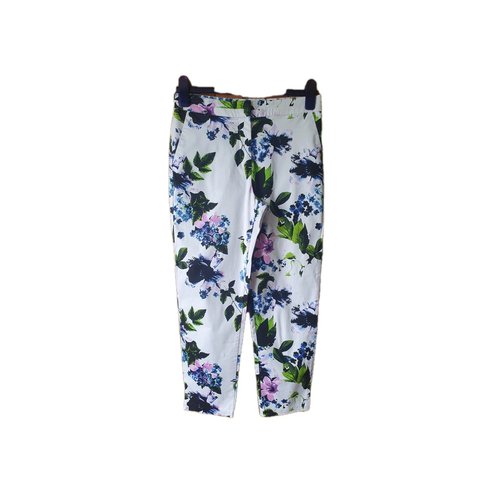 Marks and Spencer 7/8 Cropped White Floral Trousers Size 10 Spring Summer Cotton New
