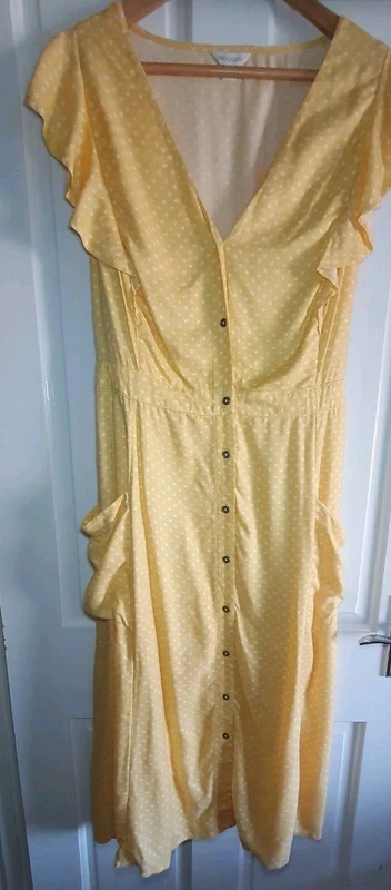Monsoon Yellow White Polka Dot Spot Midi Dress Short Sleeves Size 22 Summer