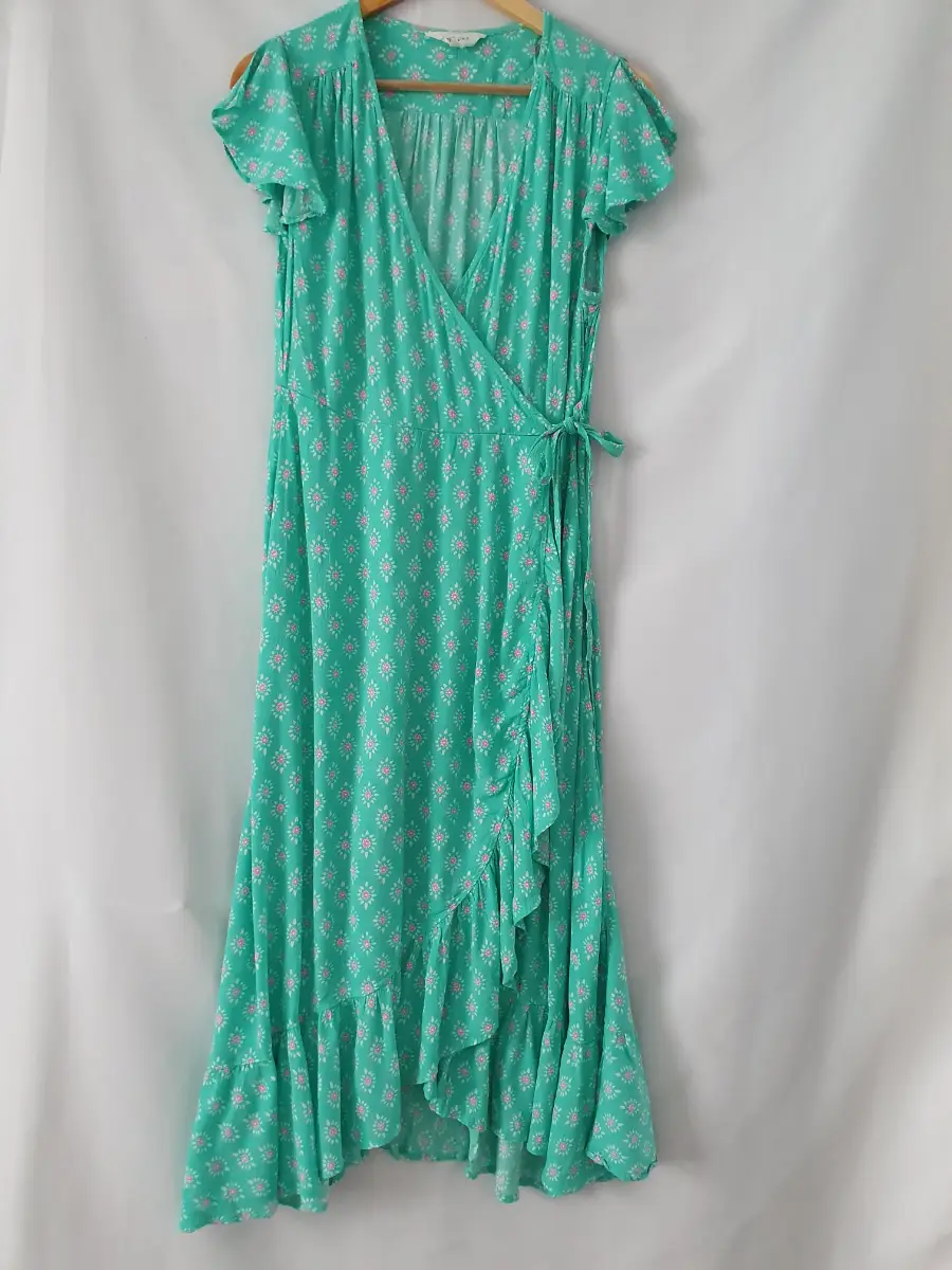Marks & Spencer Per Una Green Pink Geometric Pattern Midi Maxi Dress Size 10