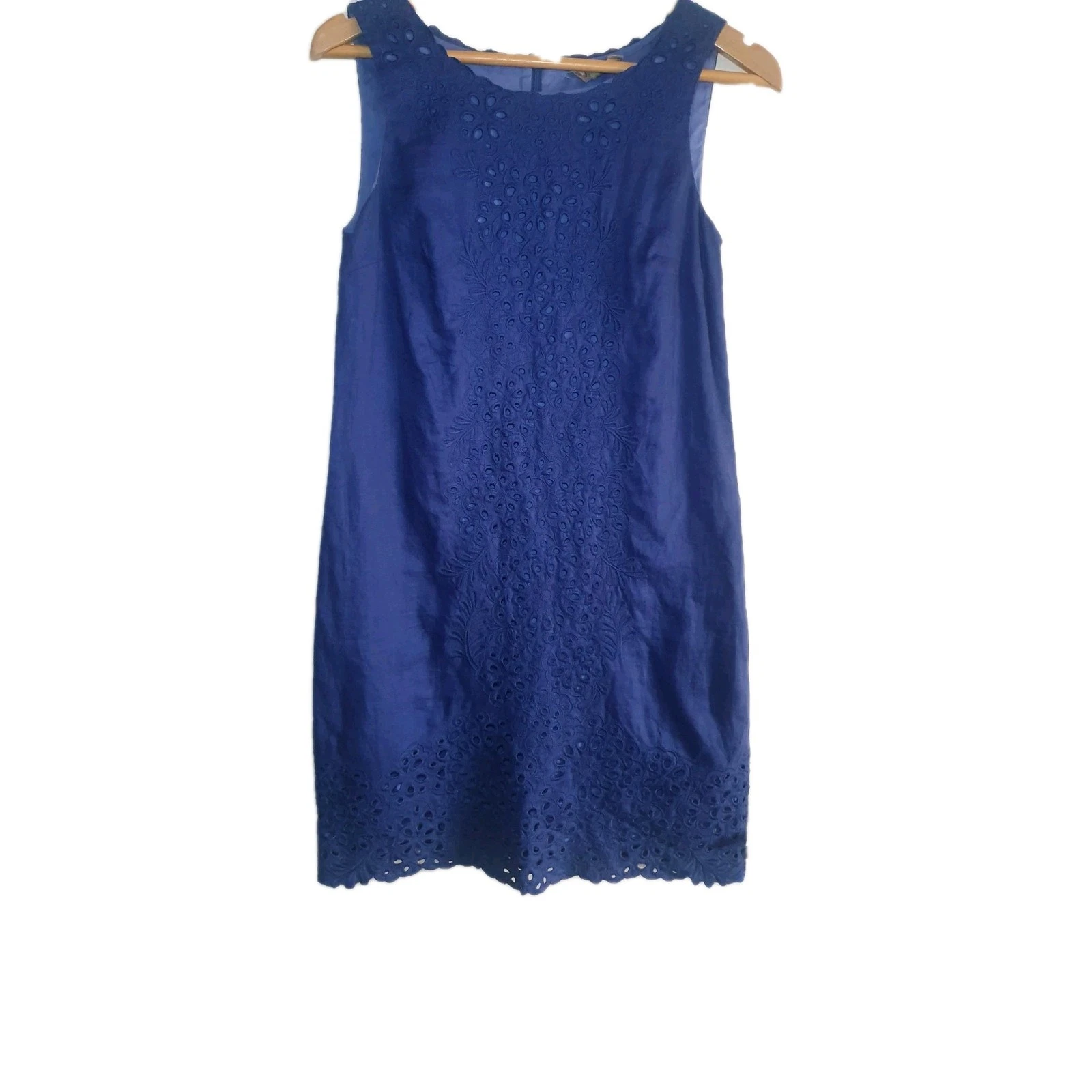 Jigsaw Navy Blue Linen Lined Broderie Anglais Shift Dress Size 8