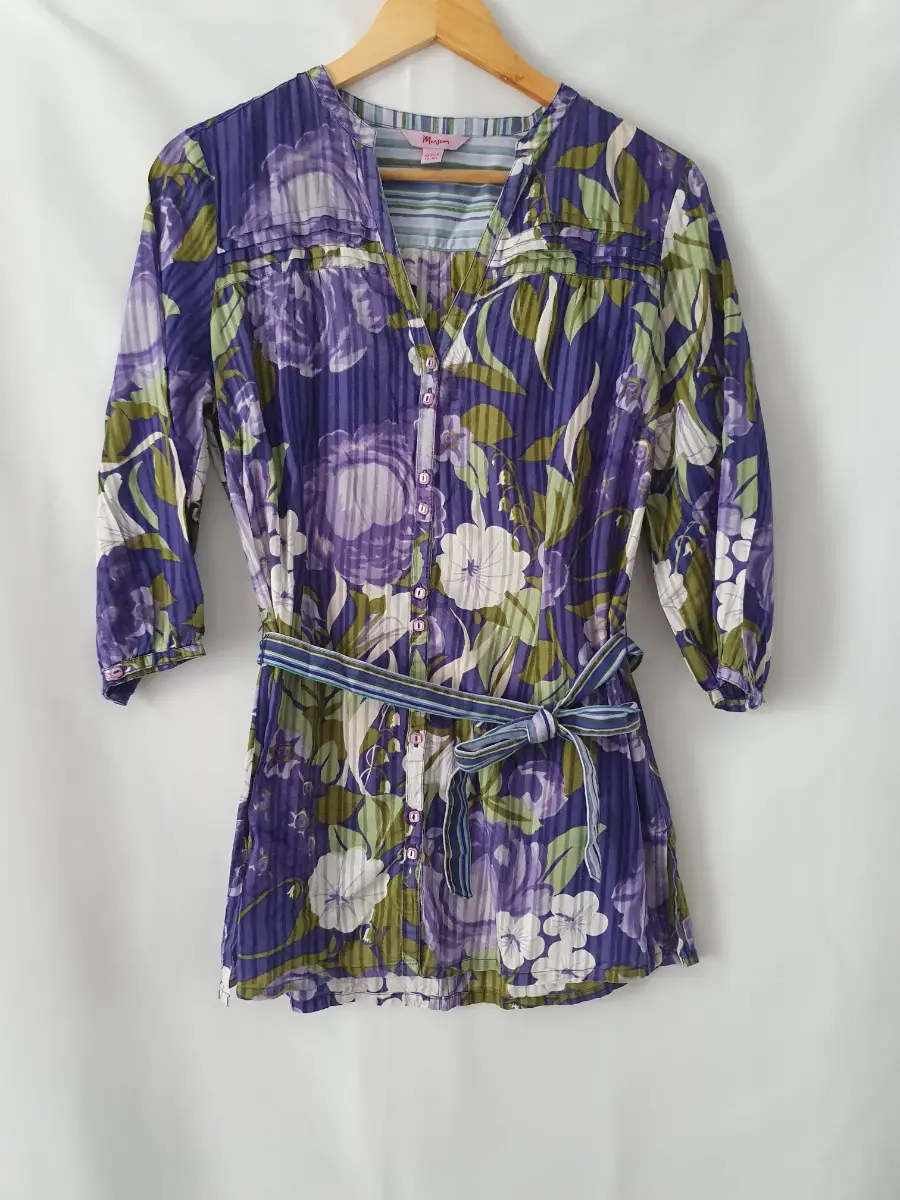 Monsoon Vintage Lilac Green Floral 100% Cotton Stripe Blouse Shirt Size 12