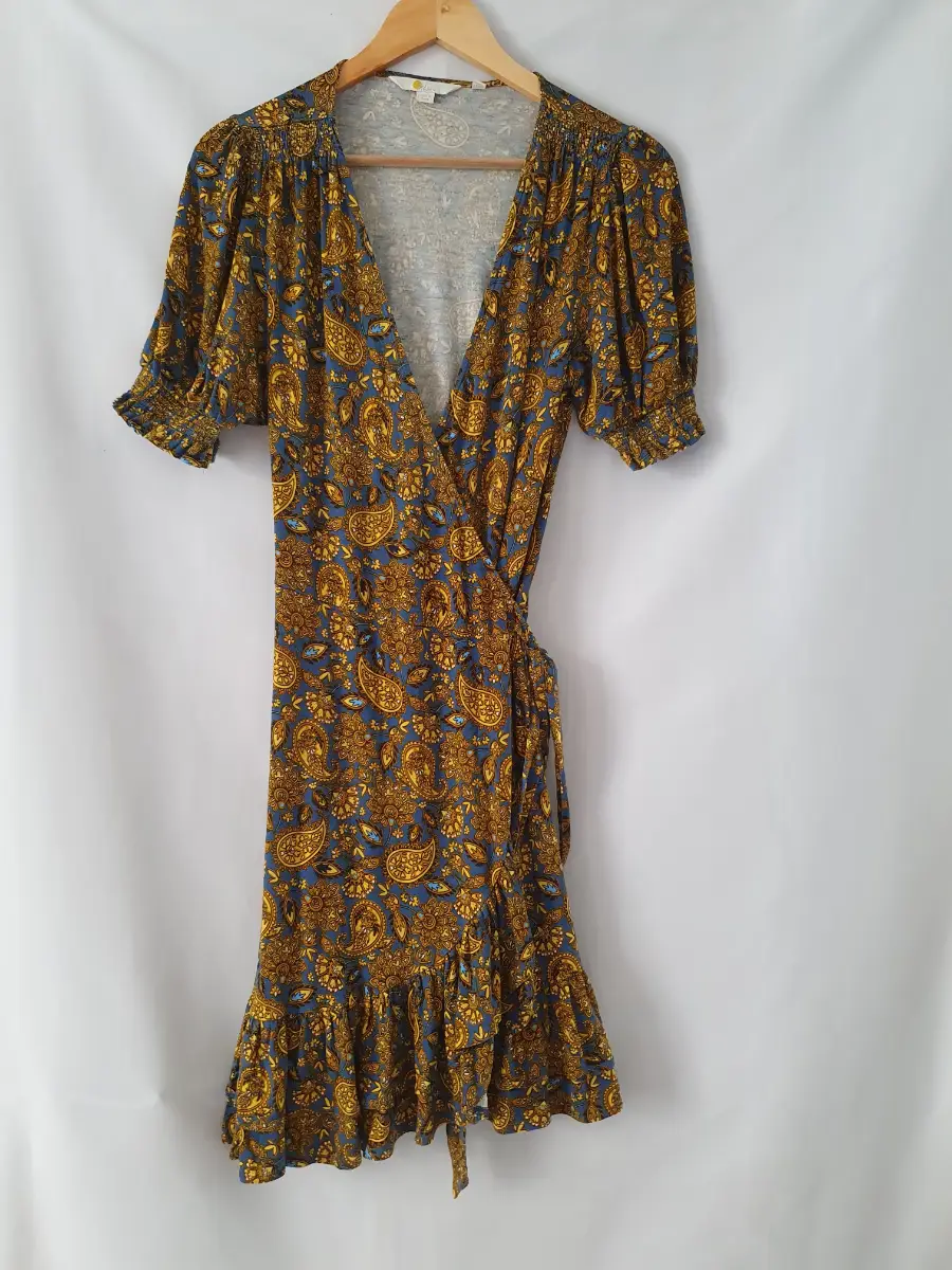 Boden Blue Yellow Paisley Pattern Wrap Ruffle Short Sleeve Jersey Dress Size 10