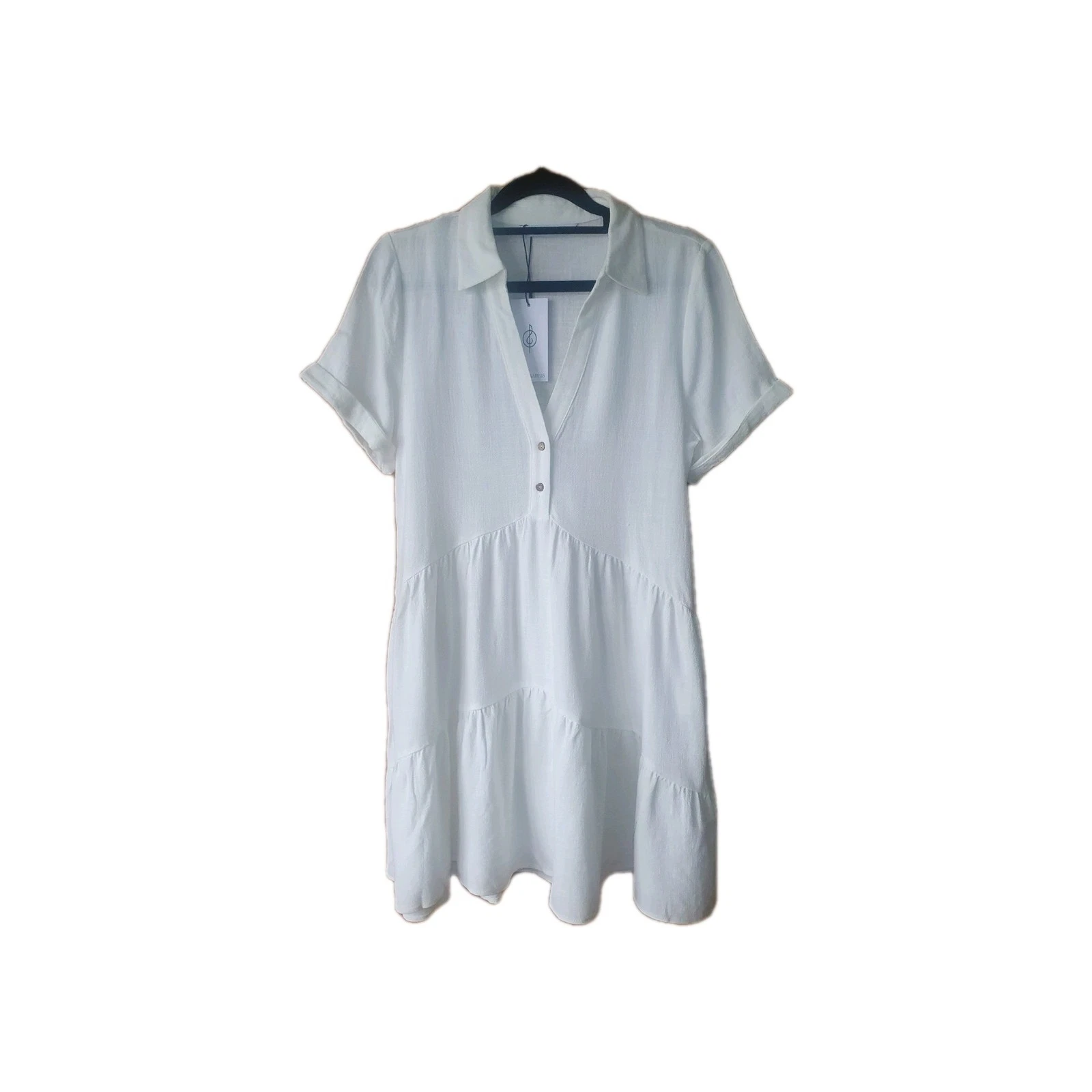 Stradivarius White Linen Blend Tiered Shirt Dress Size Small 8 New Summer