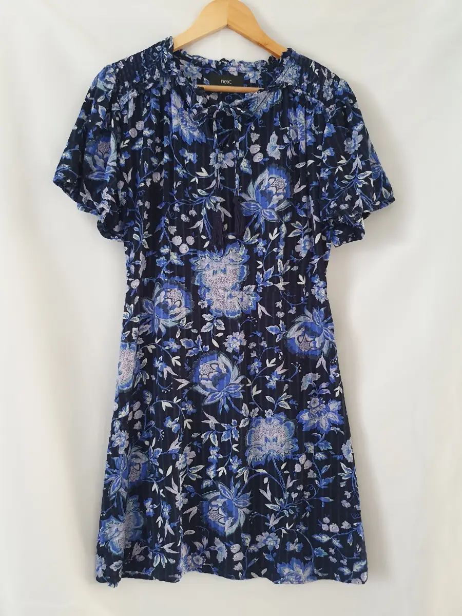 Next Blue Black Floral Short Sleeve Tea Mini Summer Dress Size 12