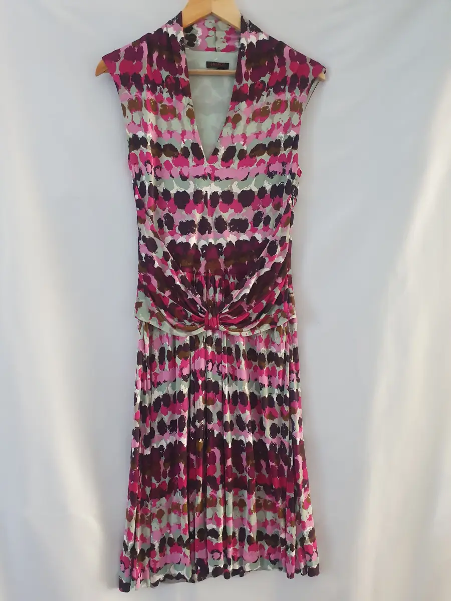 Escada Green Pink Brown Geometric Sleeveless V Neck Midi Summer Dress Size 36 8