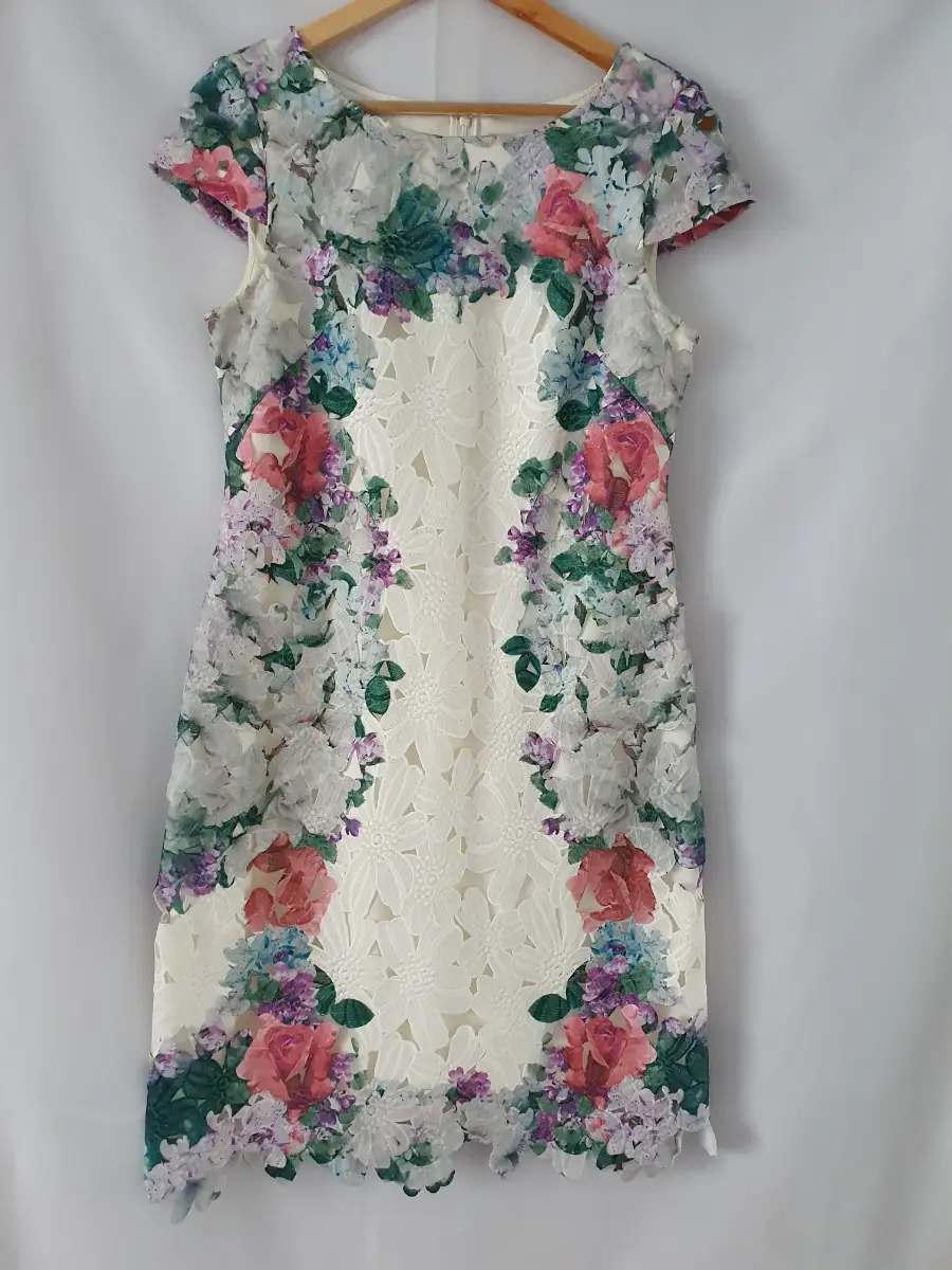 Phase Eight Grey Pink Green Floral Short Sleeve Occasion Pencil Dress Size 12 Summer