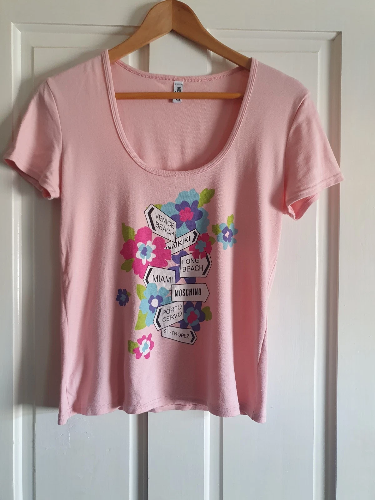 90s Love Moschino Pink Womens Graphic Baby Tee Top T Shirt Size 8 10