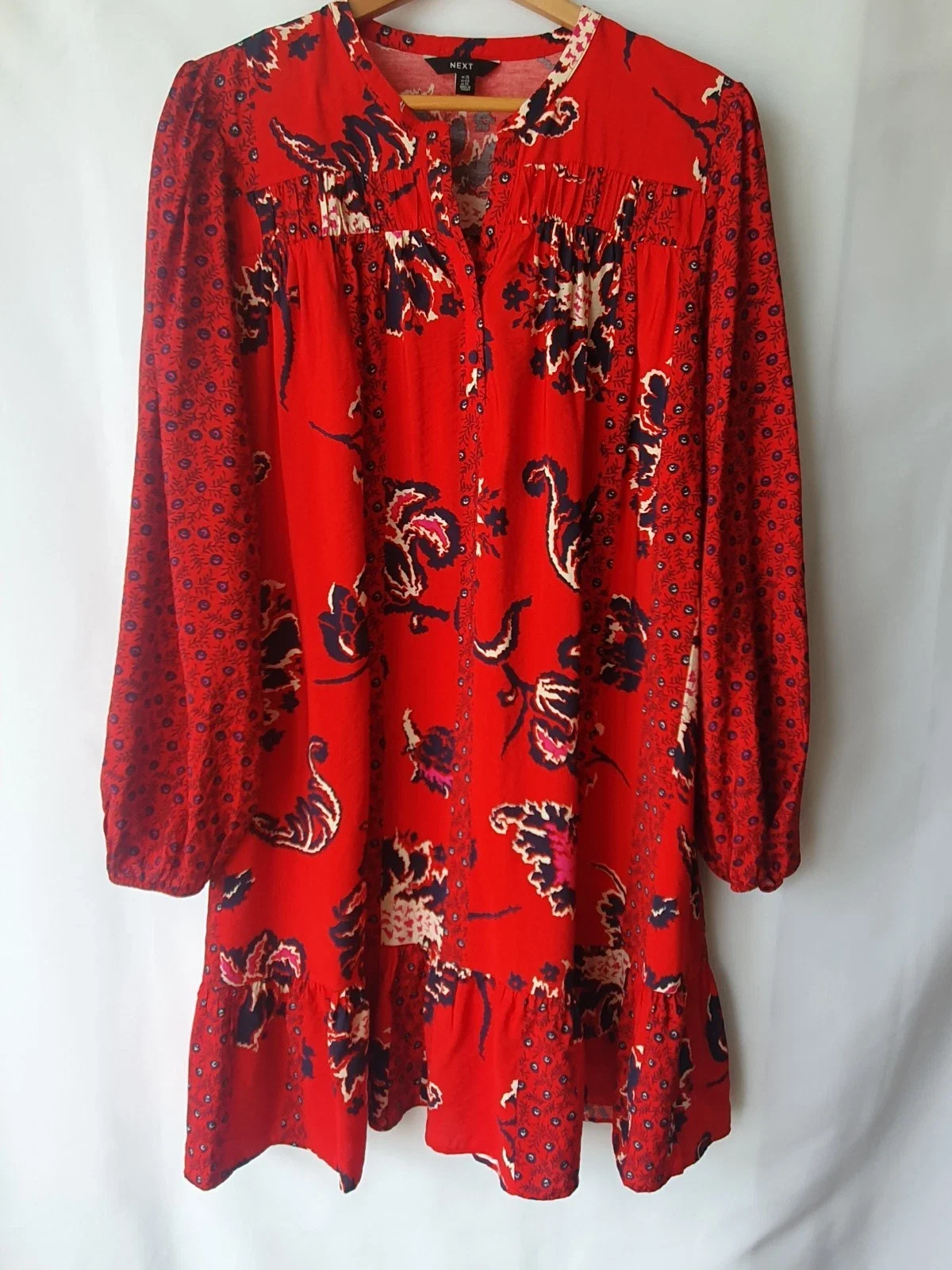 Next Red Floral Paisley Smock Dress Long Sleeve Flippy Hem Spring Summer Size 18