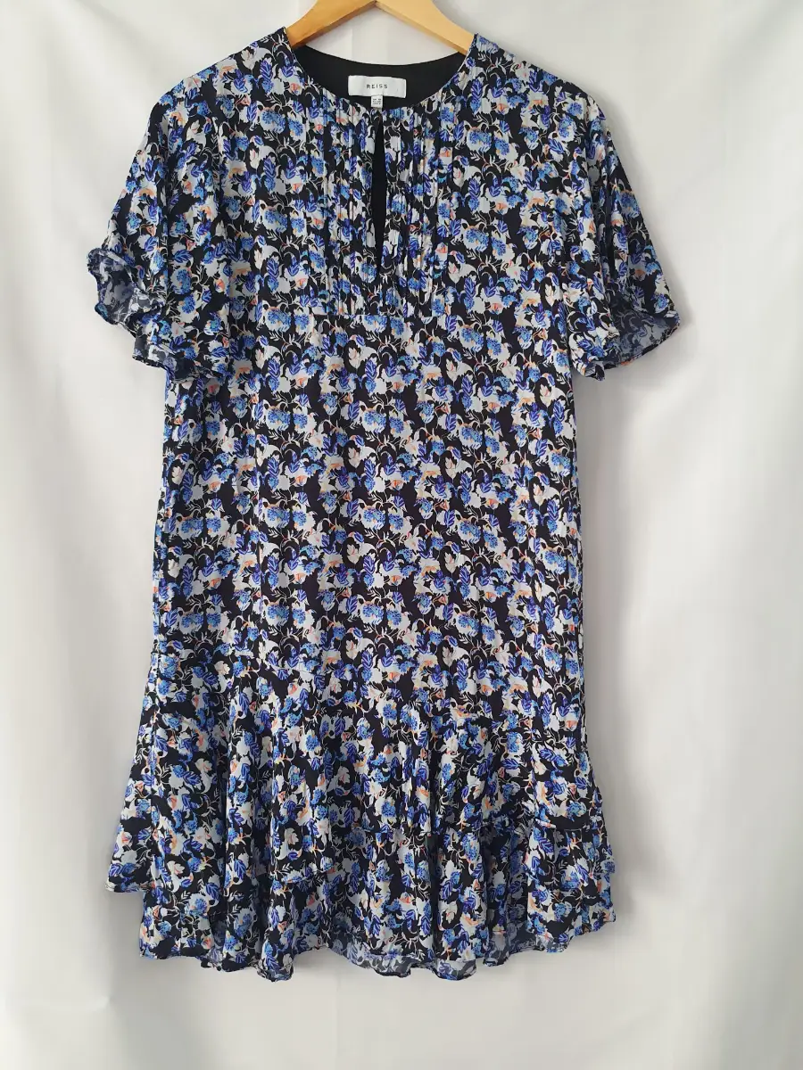 Reiss Lulu Blue Floral Ditsy Print Summer Mini Tea Dress Size 10 Ruffle Hem