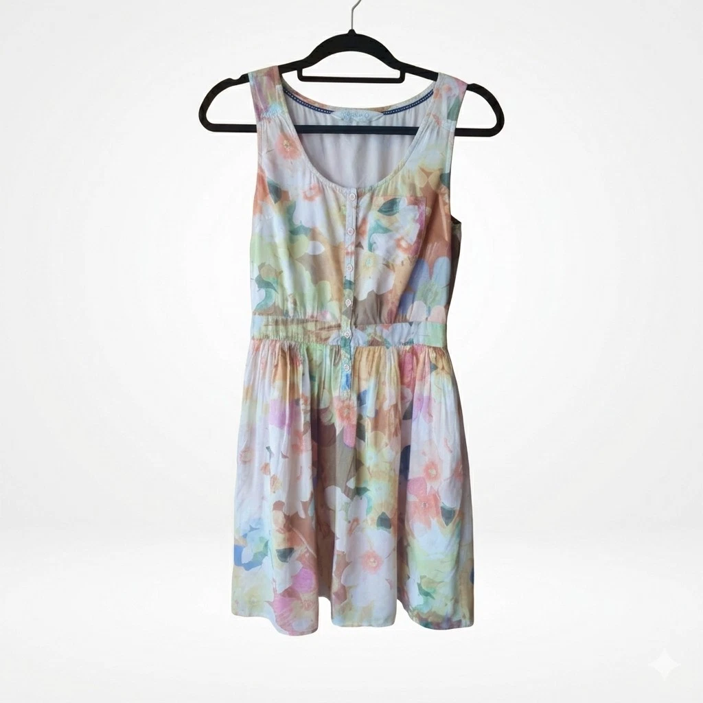 Fat Face Peach Yellow Pink Floral Button Up Sleeveless Summer Dress Size 8