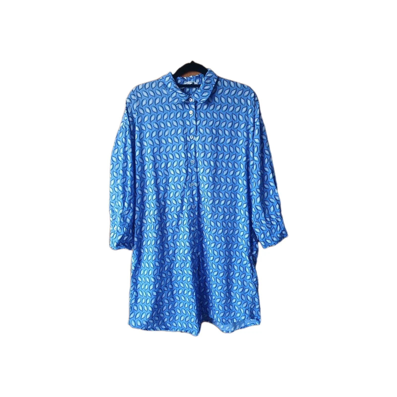 Zara 100% Cotton Long Sleeve Blue Leaf Print Shirt Dress Size Medium 12 14