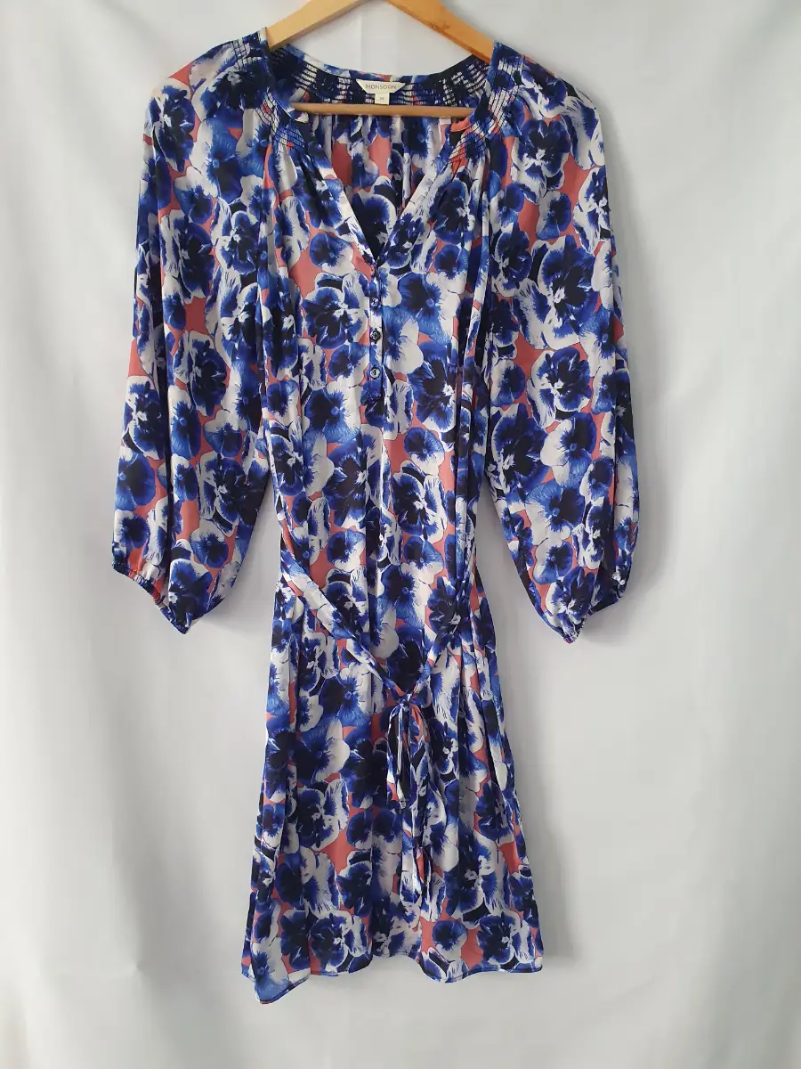 Monsoon Pink White Blue Pansy 3/4 Sleeve Floaty Tunic Dress Size Medium 12 14