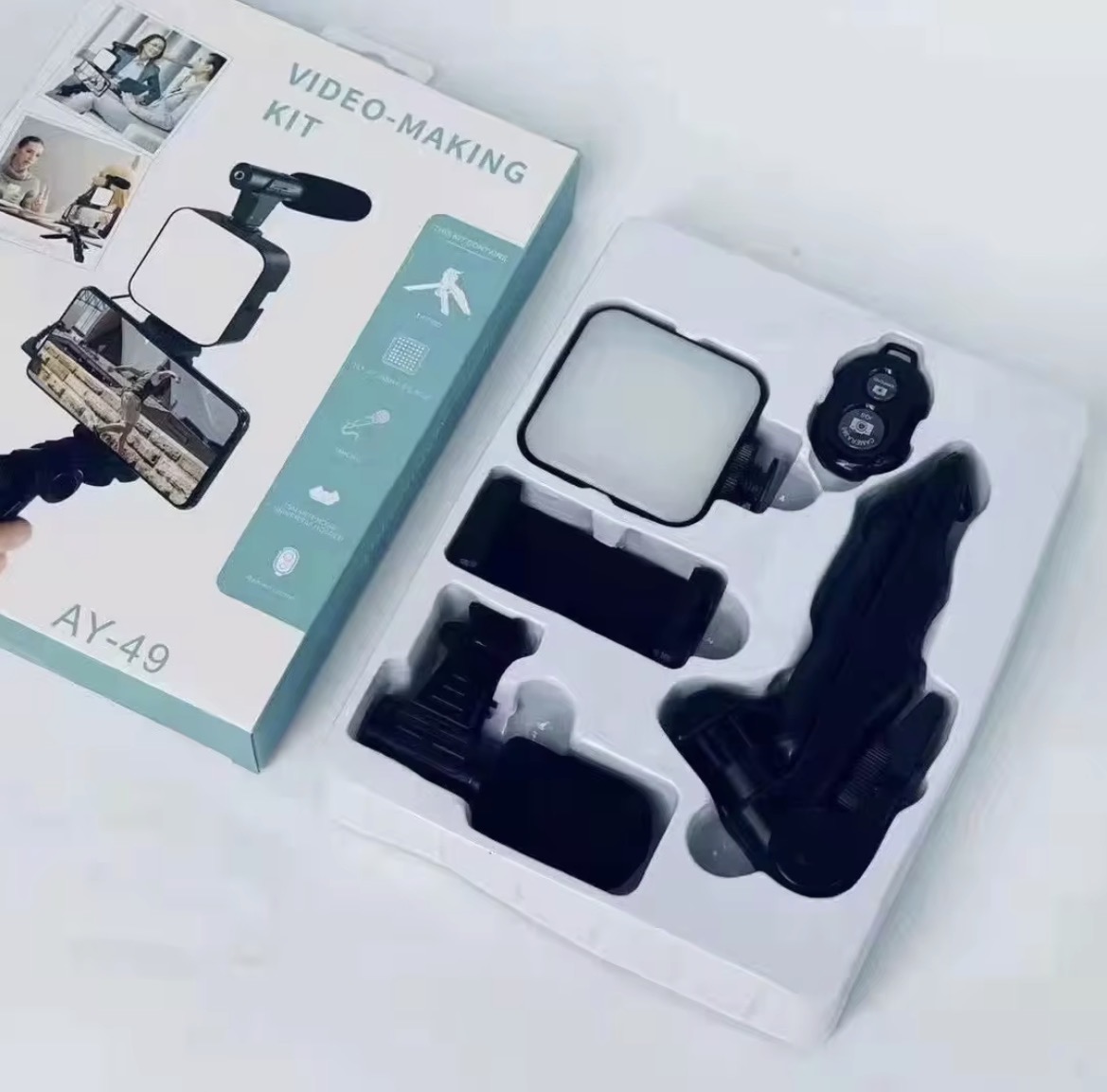 Vlogging Kit Tripod Selfie stick with microphone, led fill light and remote.