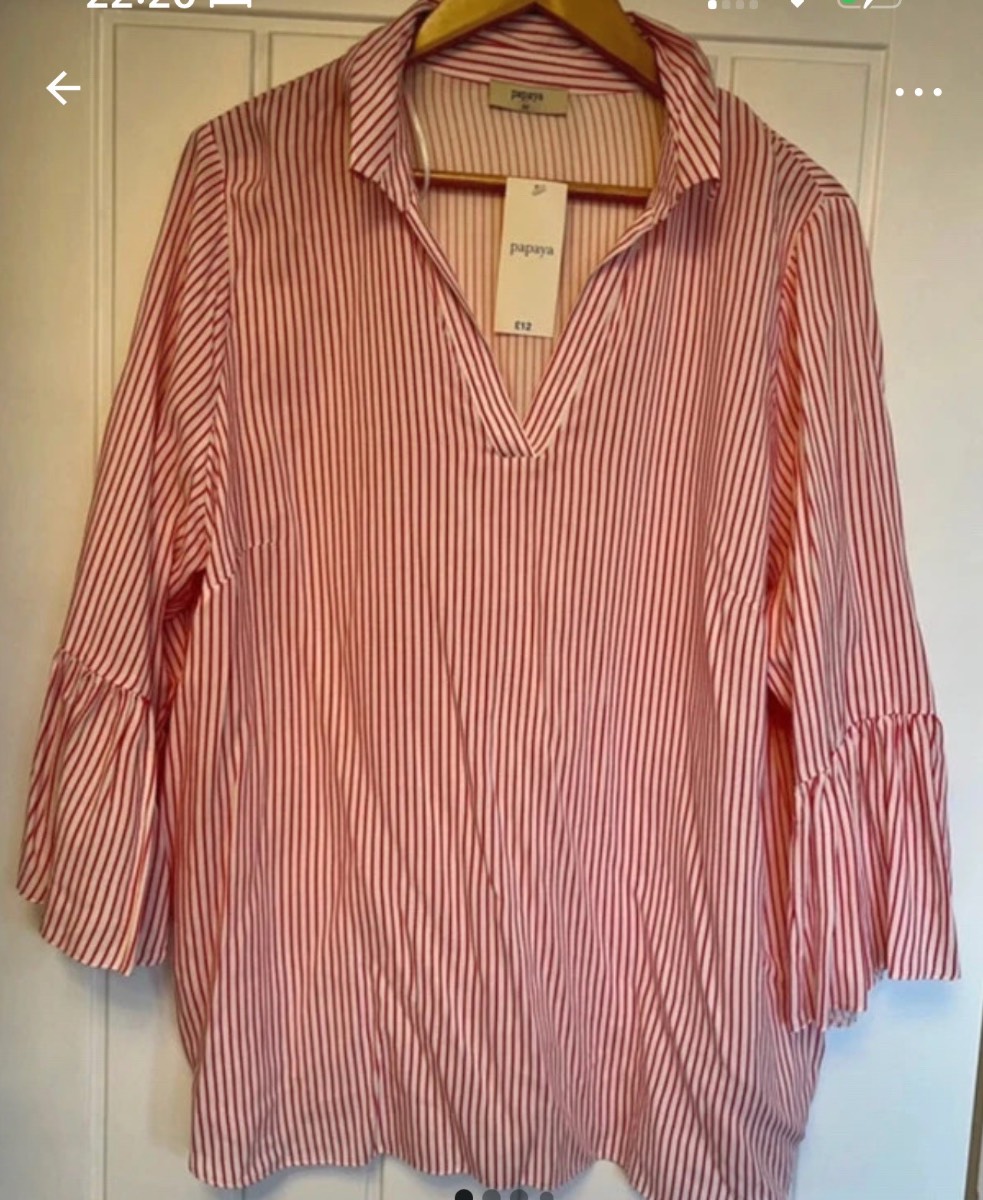 Ladies red striped top with flutter/bell sleeve size 20