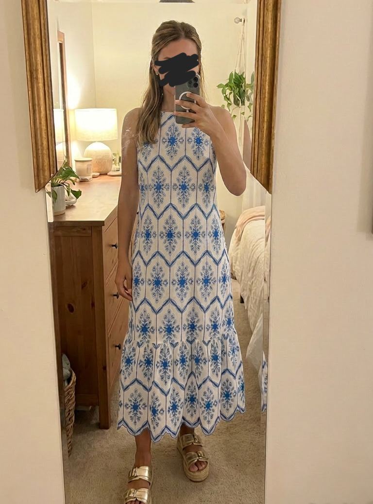 River Island White & Blue Embroidered Midi Dress Size UK 10