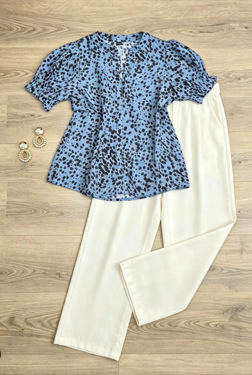 SHEIN Animal Print Blouse – Size UK 12 – Blue & Black 🩵