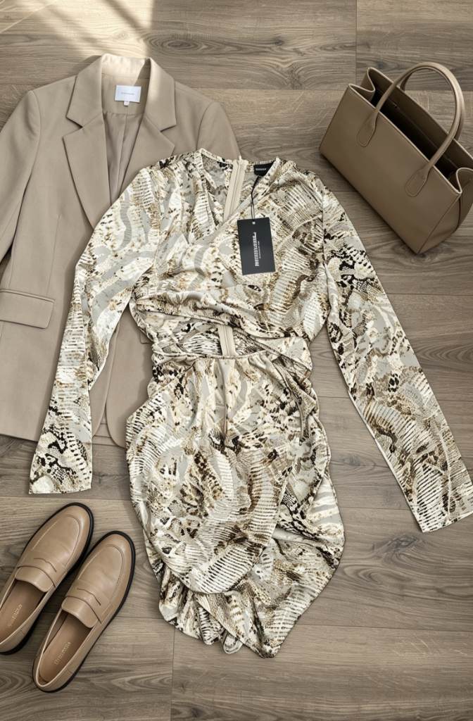 Multi Animal Print Satin Cut Out Wrap Skirt Long Sleeve Bodycon Dress  size UK 10