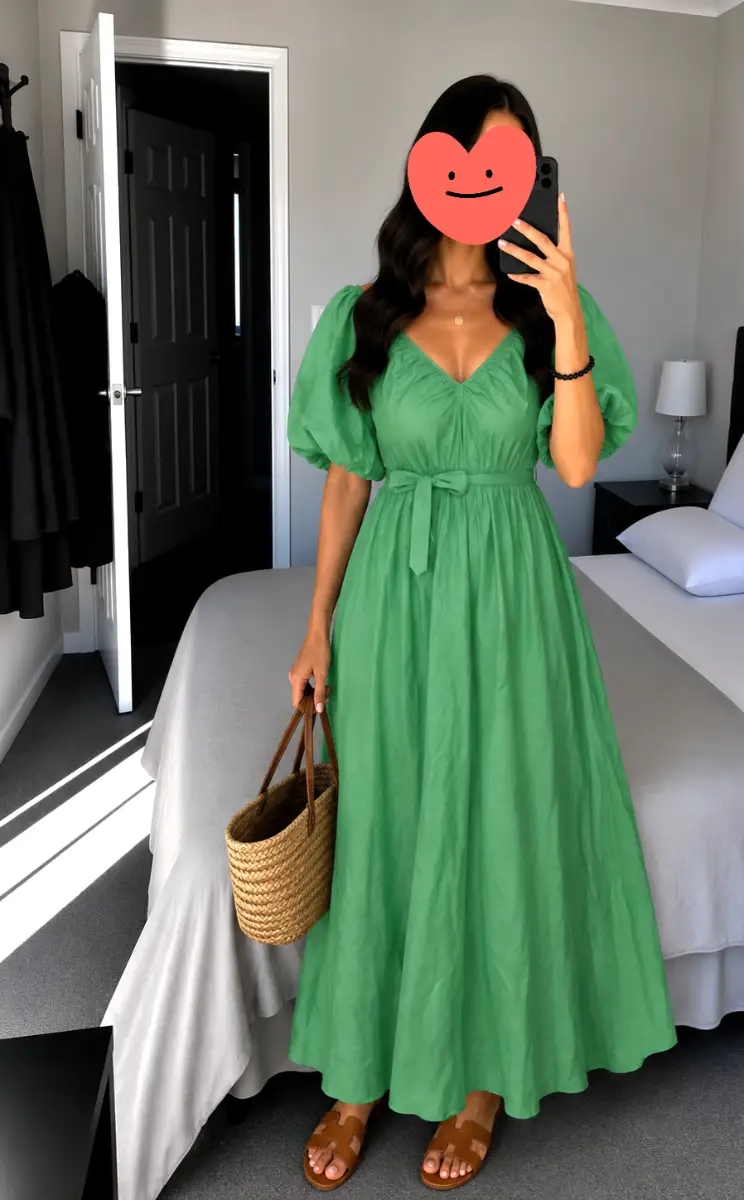 F&F green puff sleeve maxi dress size UK 10