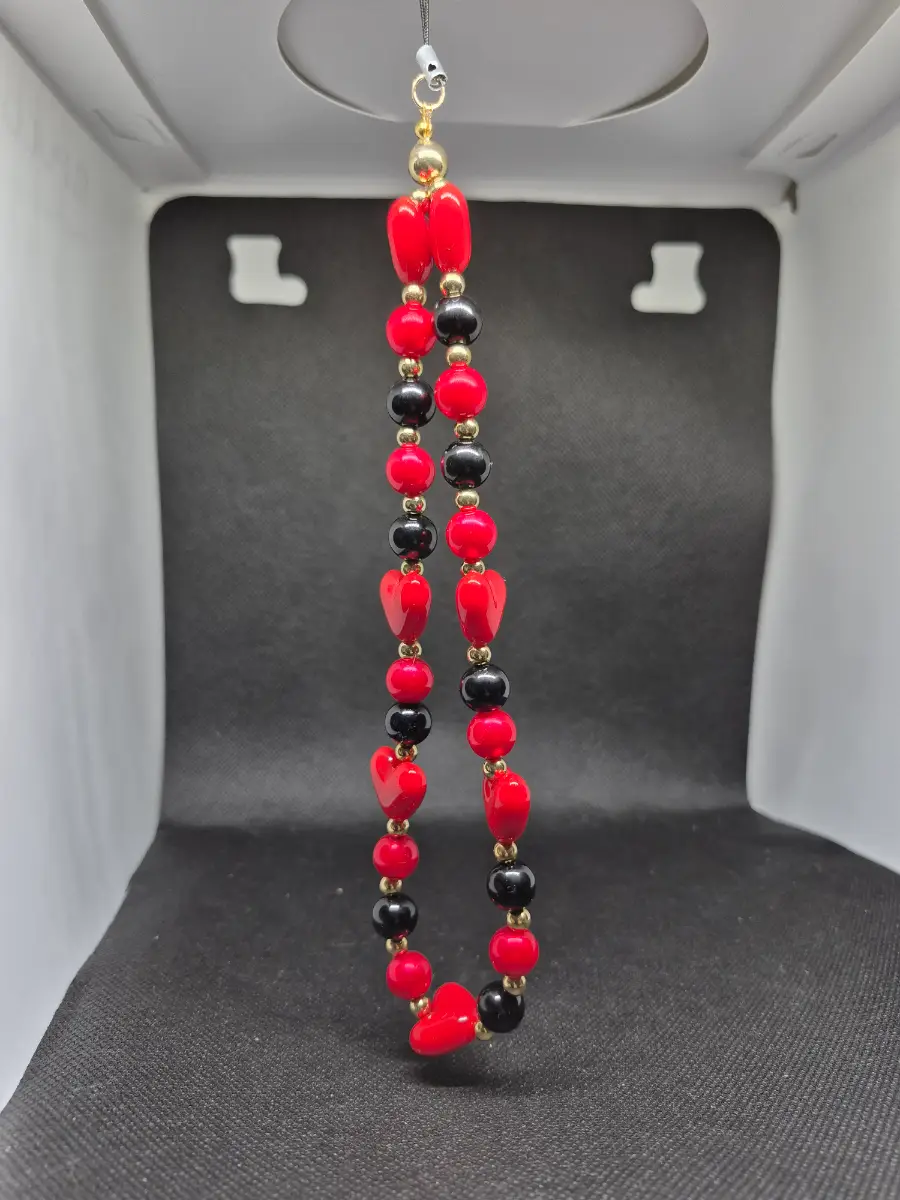 Red heart balck and red beaded phone charm