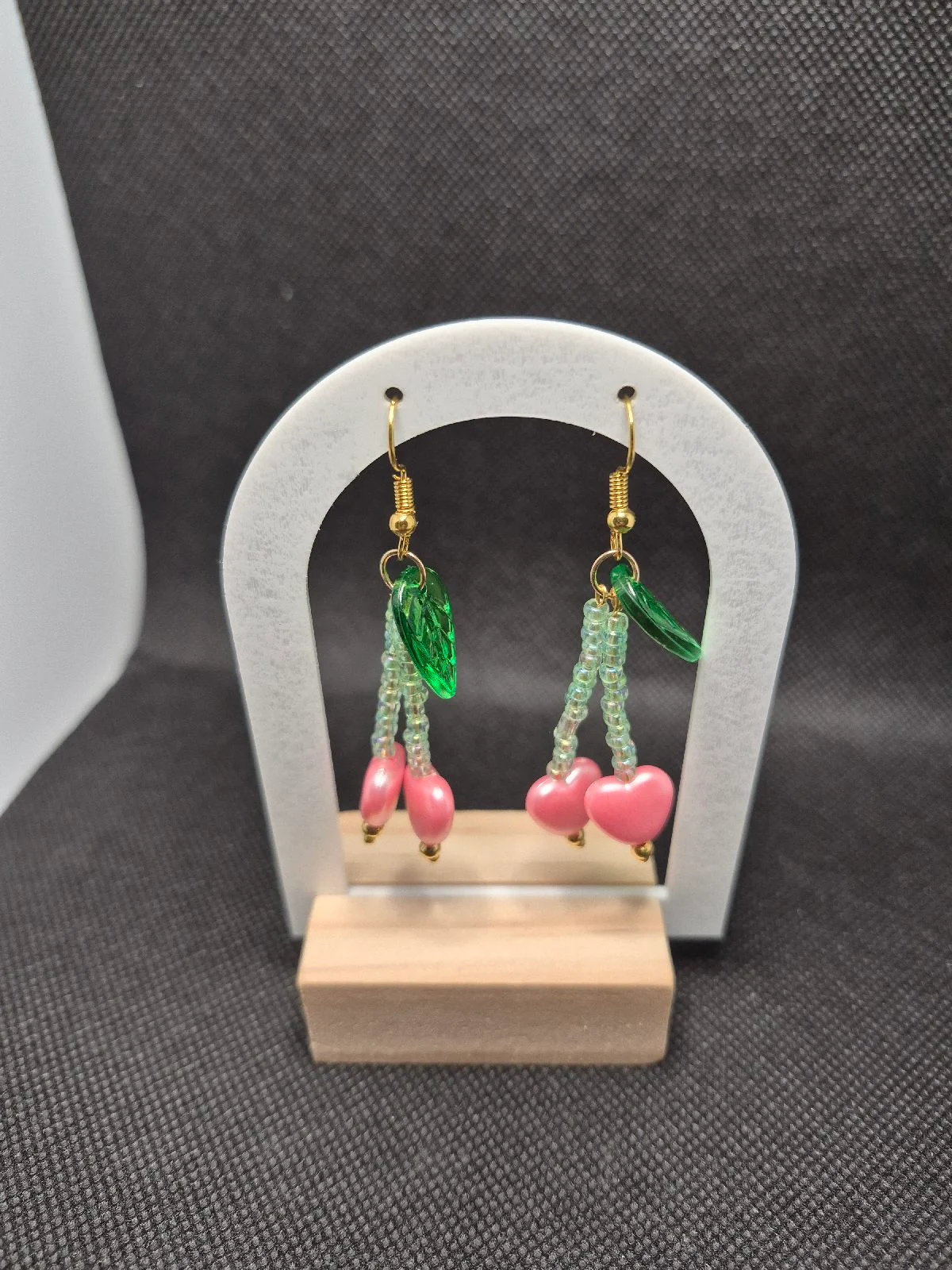 Pink heart earrings with green beads