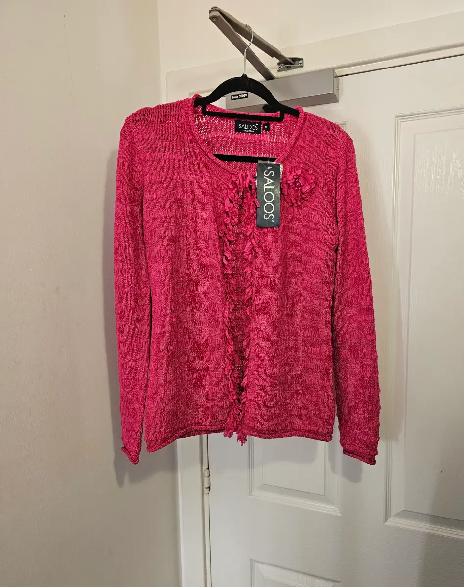 Saloos Collection Hot Pink Ribbon Knit Ruffle Cardigan, Size S