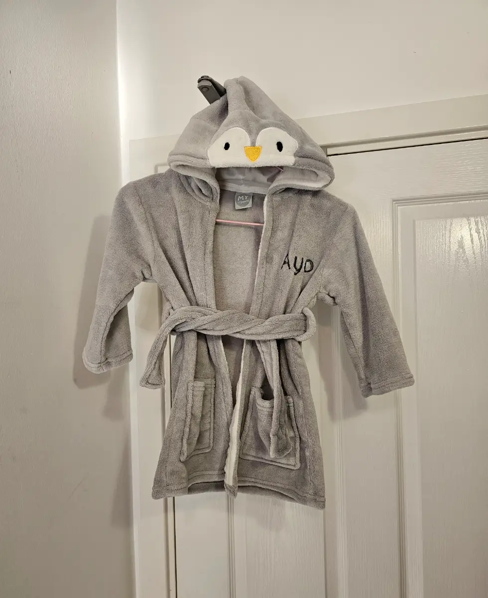 My 1st Years Personalised "Ayo" Grey Penguin Hooded Dressing Gown, Year 1-2