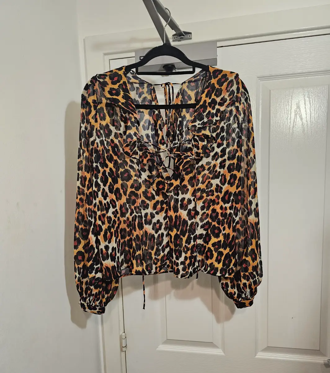 Stunning Sheer Leopard Print Lace-Up Ruffle Blouse, Size M