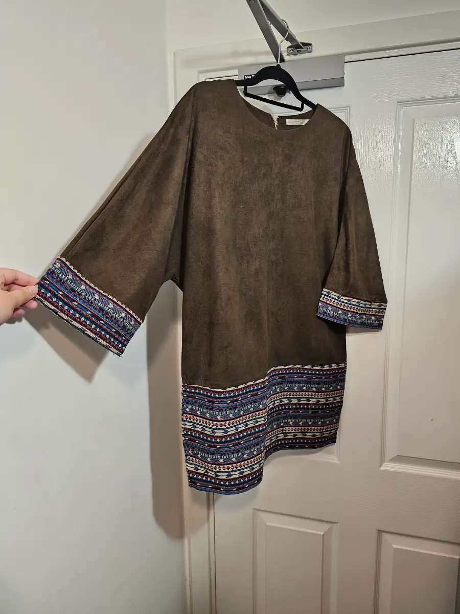 Cherry Paris Boho Faux Suede Tunic Mini Dress Trim Details, Size T3 (L)