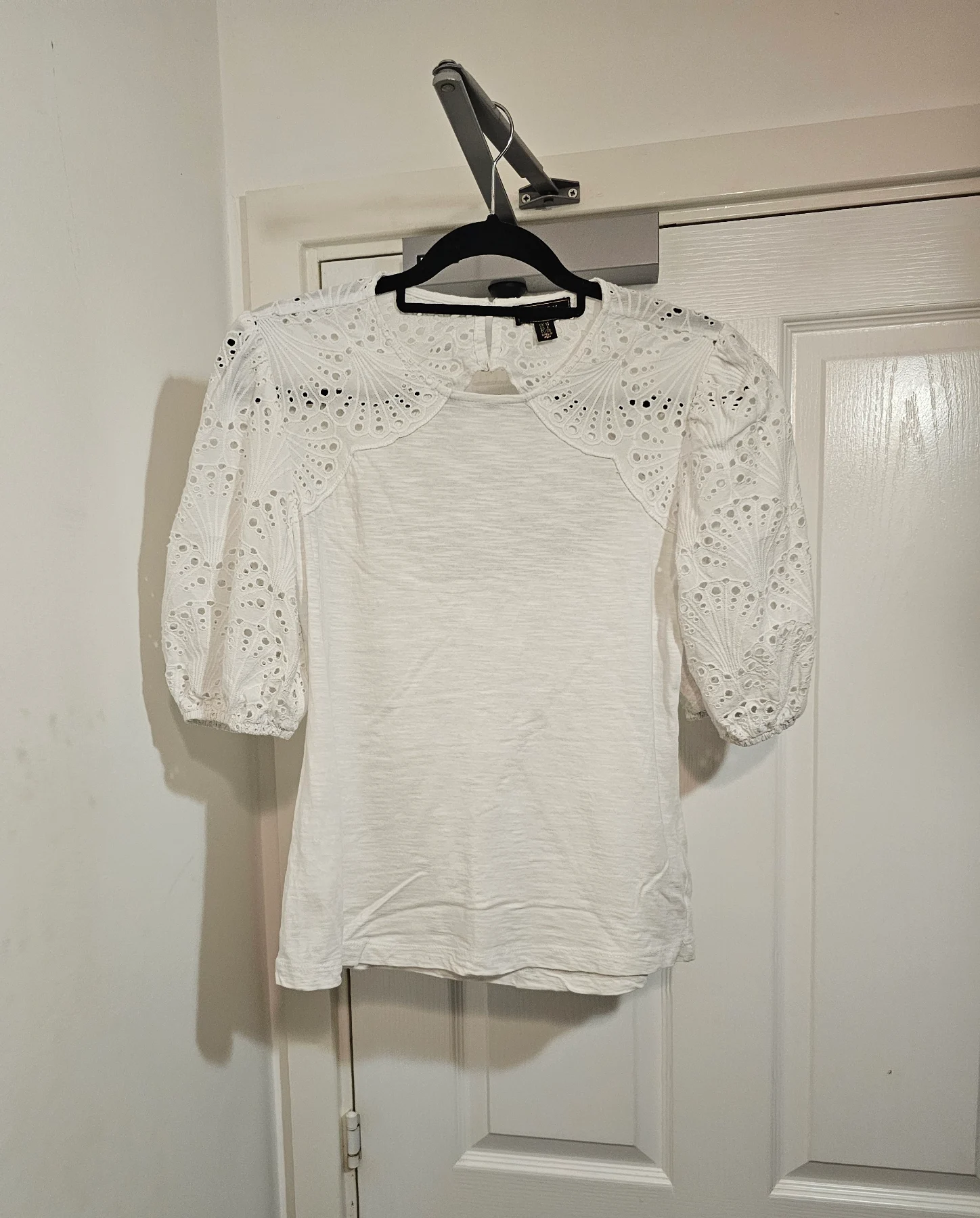 Lipsy London White 100% Cotton Broderie Open Cut-Out Back Puff Sleeve Top, Size UK 10