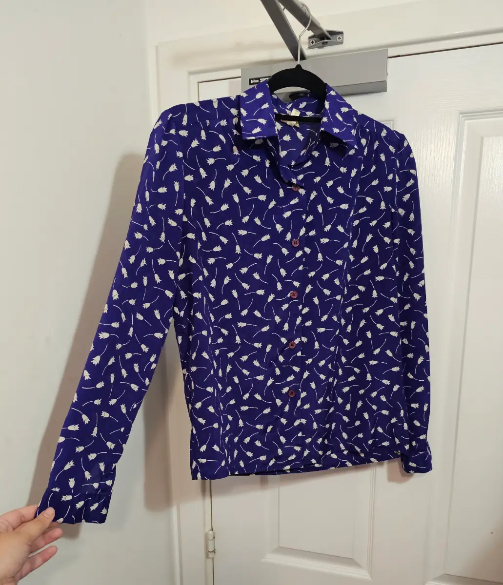 Vintage Royal Blue Floral Tulip Print Blouse Shirt, Size UK 12 / US 10