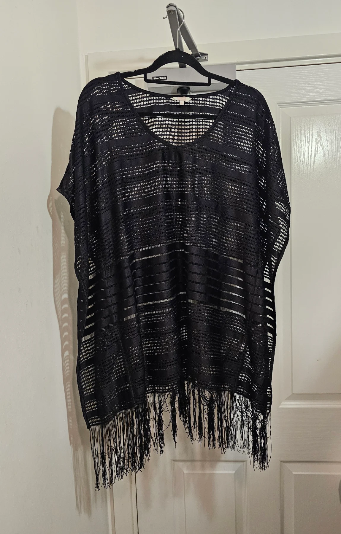 Papaya Holiday Black Boho Knit Fringed Beach Cover Up Poncho Top, Size S