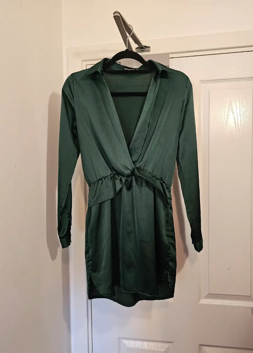 PrettyLittleThing Emerald Green Satin Mini Dress, Size UK 8