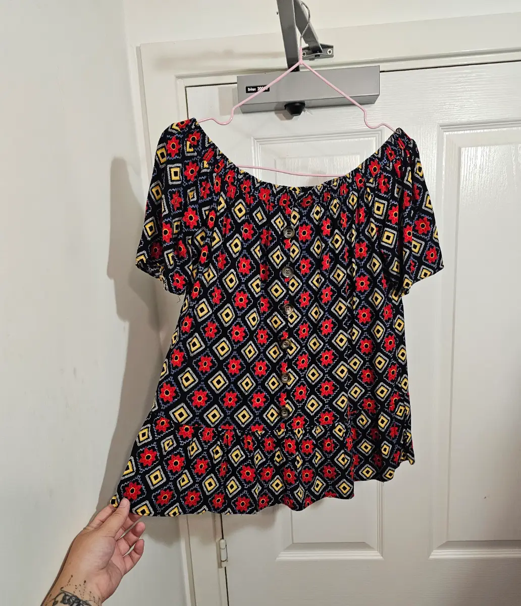 Papaya Boho Aztec Summer Floral Tiered Bardot Off Shoulder Top, Size 8